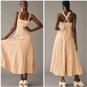 Maeve Anthropologie Striped Linen Blend Midi Dress Coral Square Neck Tie 0P FLAW